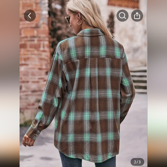 Women's Flannel Button Down Shirt Brown & Mint Green NWT - Picture 2 of 4
